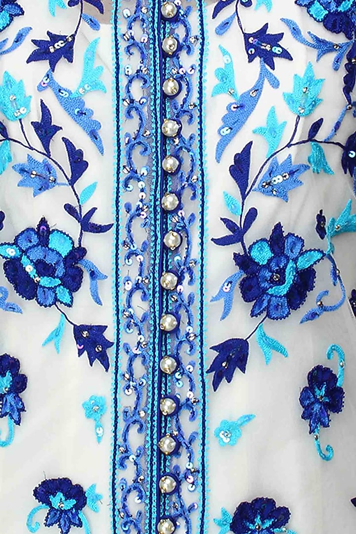 Ivory and blue floral embroidered anarkali and jacket set available only at Pernia's Pop Up Shop.