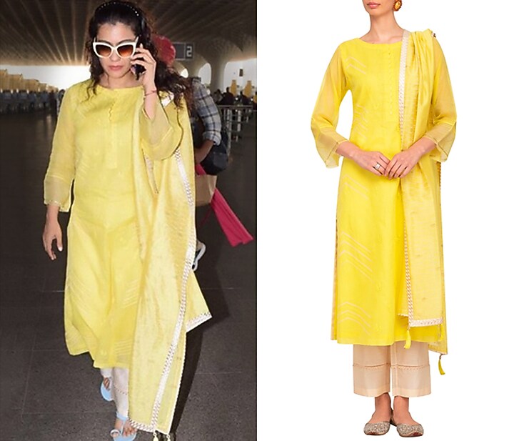 Yellow Embroidered Block Printed Kurta Set by Devnaagri at Pernia's Pop Up Shop