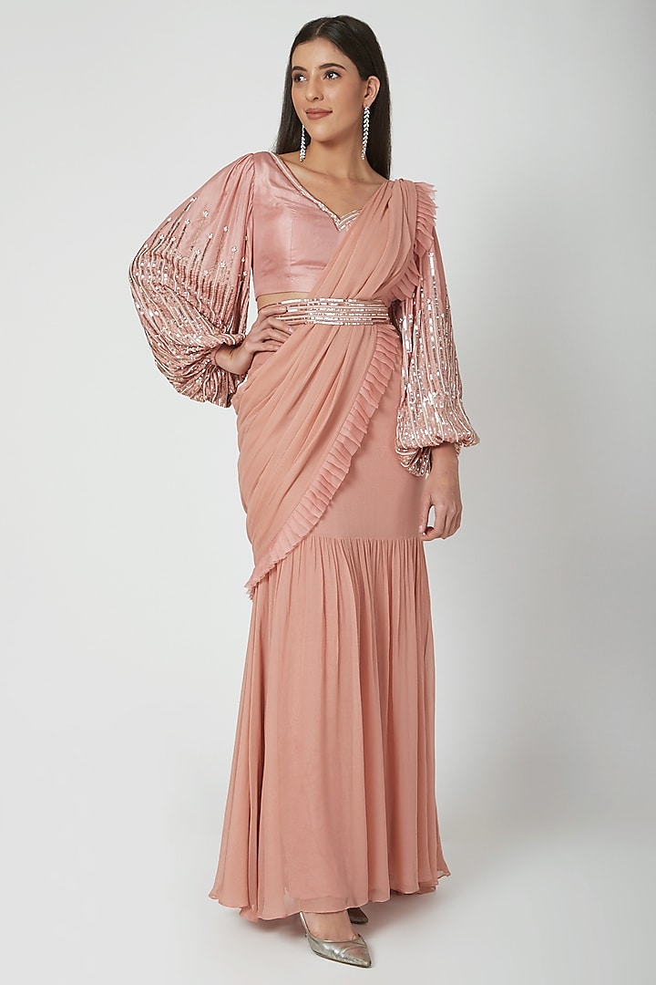 Blush Pink Georgette & Organza Pre-Draped Saree Set With Belt by Chhavvi Aggarwal