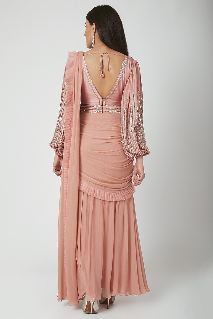 Blush Pink Georgette & Organza Pre-Draped Wedding Saree Set With Belt by Chhavvi Aggarwal at Pernia's Pop Up Shop