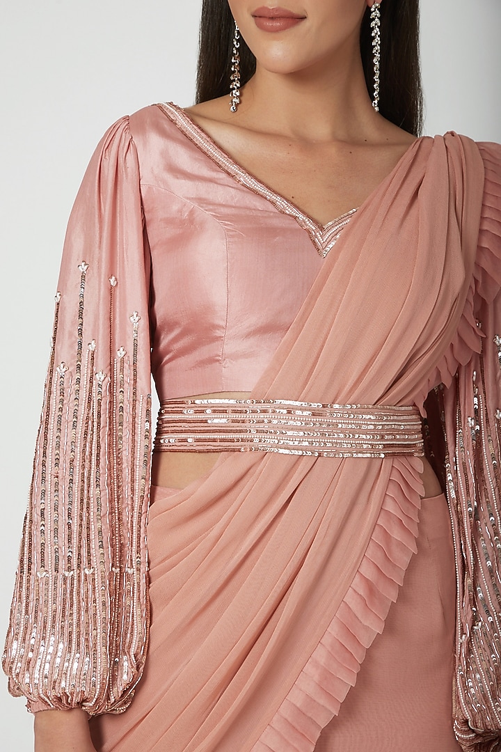 Blush Pink Georgette & Organza Pre-Draped Wedding Saree Set With Belt by Chhavvi Aggarwal at Pernia's Pop Up Shop