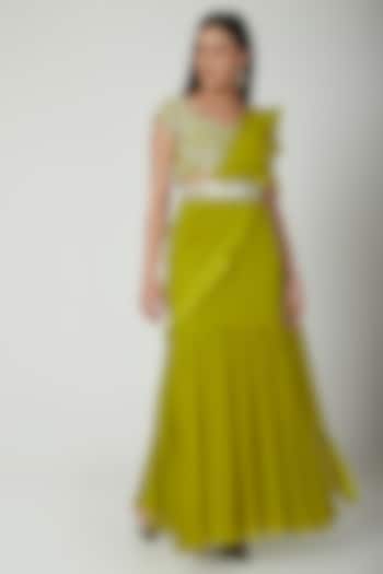 Lime Green Embroidered Pre-Draped Saree Set With Belt by Chhavvi Aggarwal