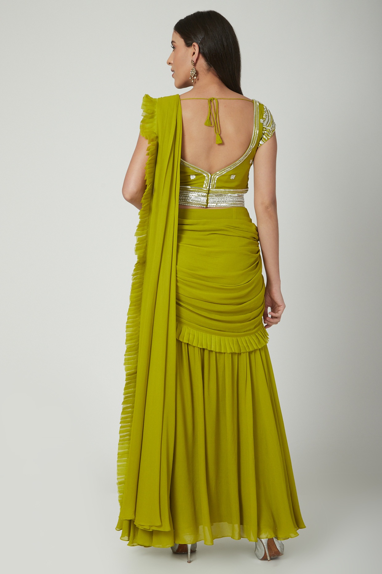 Lime Green Embroidered Pre-Draped Saree 