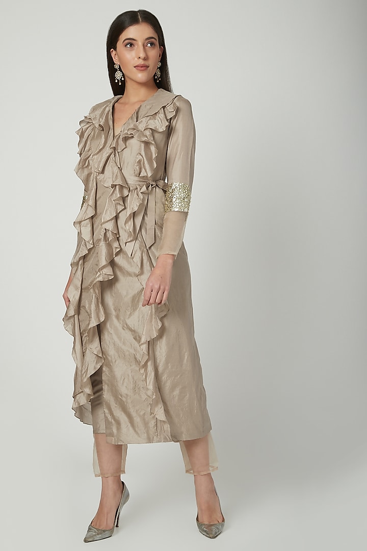 Beige Overlap Jacket With Pants by Chhavvi Aggarwal