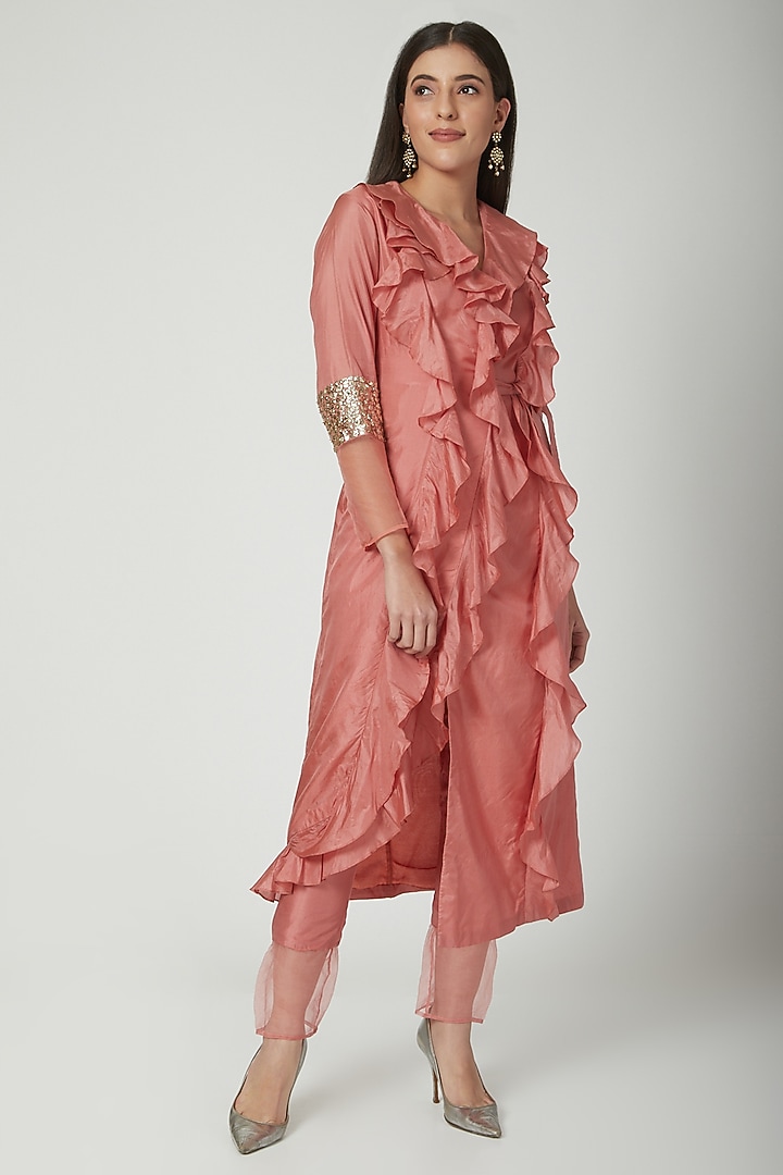 Blush Pink Overlap Jacket With Pants by Chhavvi Aggarwal at Pernia's Pop Up Shop