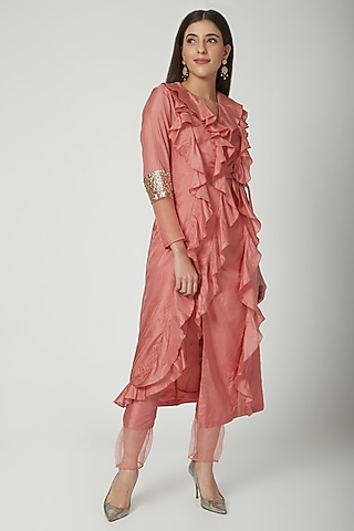 Blush Pink Overlap Jacket With Pants by Chhavvi Aggarwal