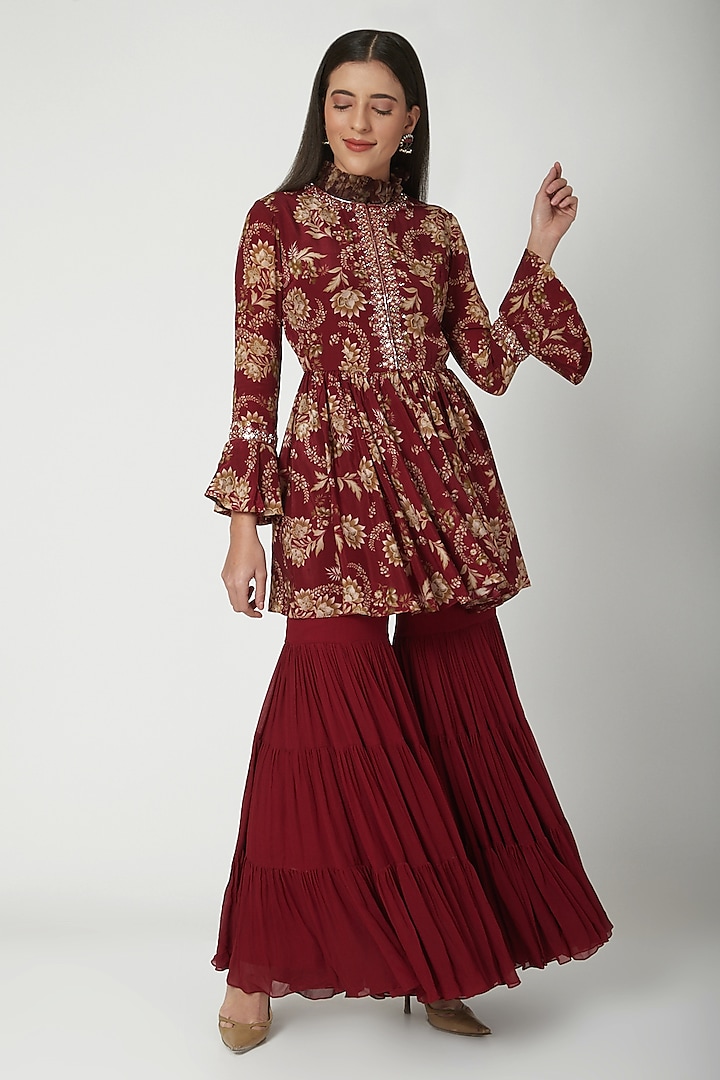 Maroon Printed Jacket WIth Sharara Pants  by Chhavvi Aggarwal at Pernia's Pop Up Shop