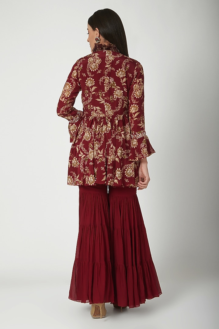 Maroon Printed Jacket WIth Wedding Sharara Pants by Chhavvi Aggarwal at Pernia's Pop Up Shop