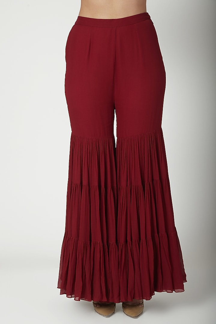 Maroon Printed Jacket WIth Wedding Sharara Pants by Chhavvi Aggarwal at Pernia's Pop Up Shop