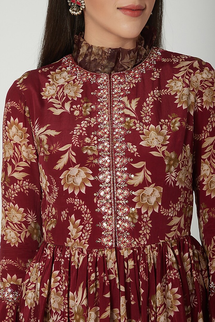 Maroon Printed Jacket WIth Wedding Sharara Pants by Chhavvi Aggarwal at Pernia's Pop Up Shop