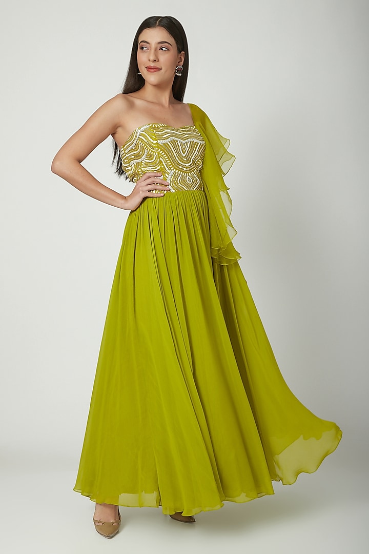 Lime Green Embroidered Anarkali by Chhavvi Aggarwal