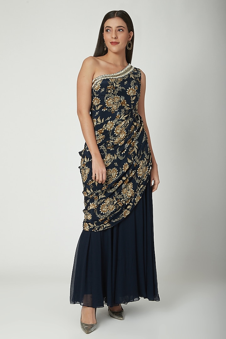 Navy Blue One Shoulder Saree Gown by Chhavvi Aggarwal
