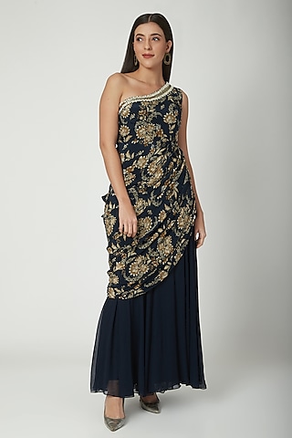 Navy Blue One Shoulder Saree Gown by Chhavvi Aggarwal