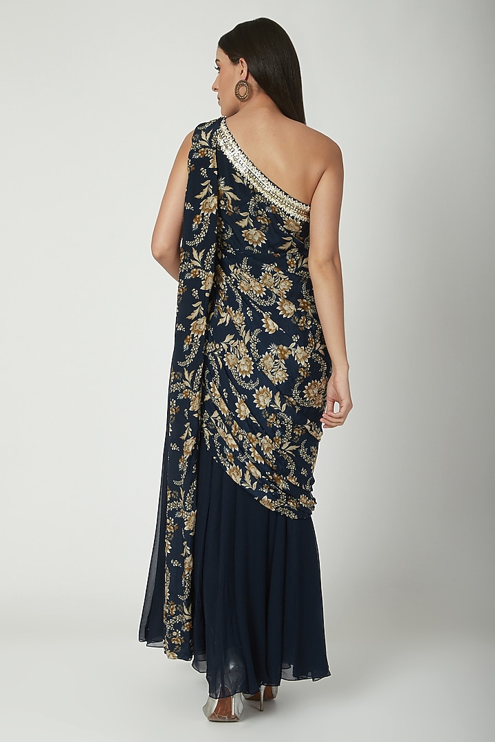 Navy Blue One Shoulder Wedding Saree Gown by Chhavvi Aggarwal at Pernia's Pop Up Shop
