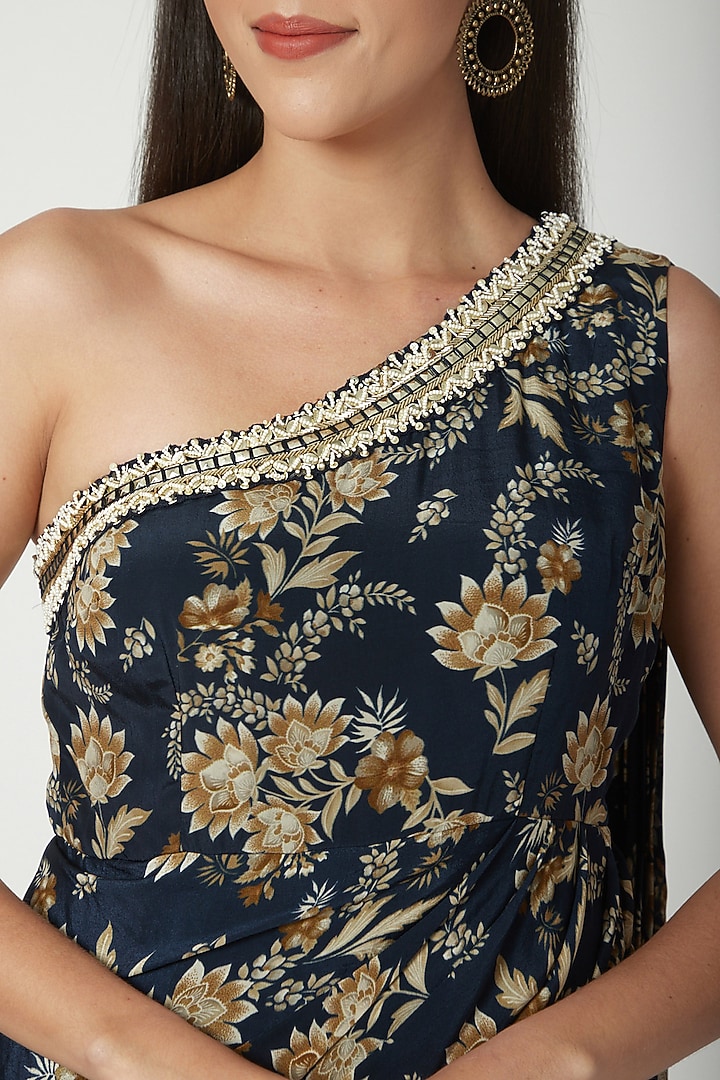 Navy Blue One Shoulder Wedding Saree Gown by Chhavvi Aggarwal at Pernia's Pop Up Shop