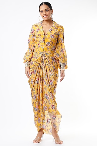 Citrus Yellow Printed Draped Dress by Chhavvi Aggarwal