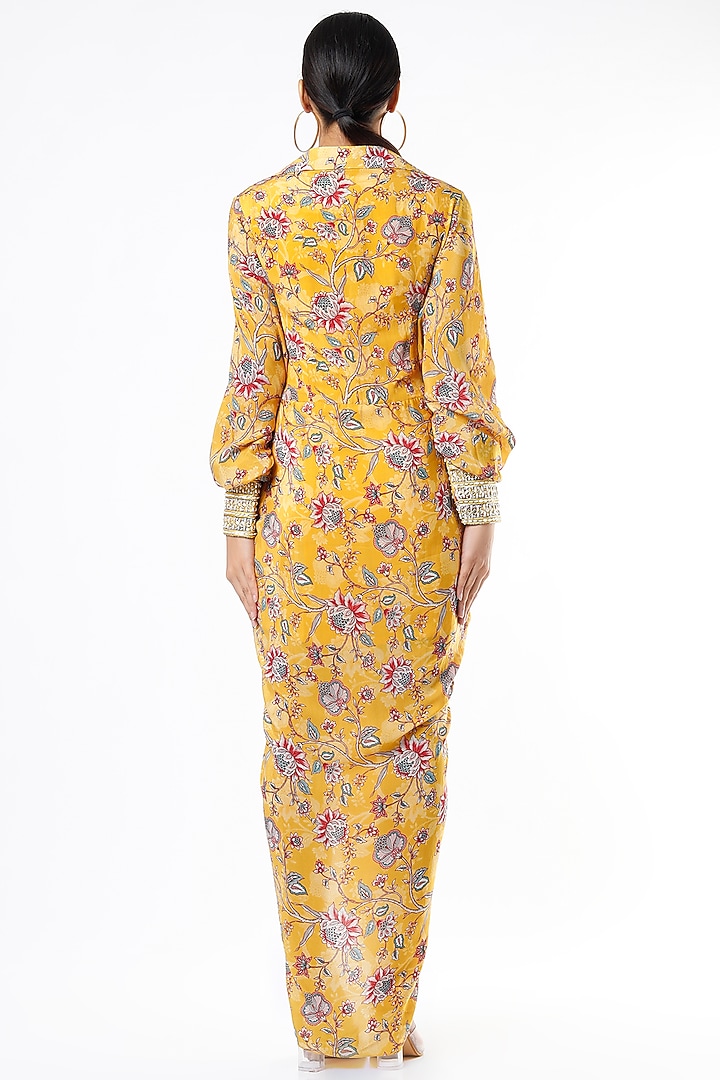 Citrus Yellow Printed Draped Vacation Dress by Chhavvi Aggarwal at Pernia's Pop Up Shop