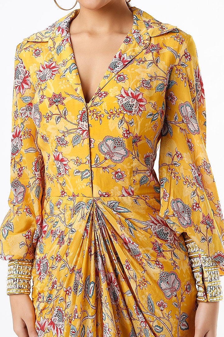 Citrus Yellow Printed Draped Vacation Dress by Chhavvi Aggarwal at Pernia's Pop Up Shop