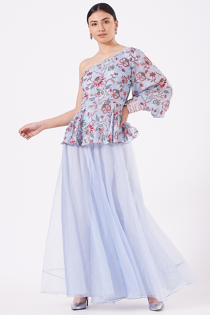 Powder Blue Organza Palazzo Pant Set by Chhavvi Aggarwal at Pernia's Pop Up Shop