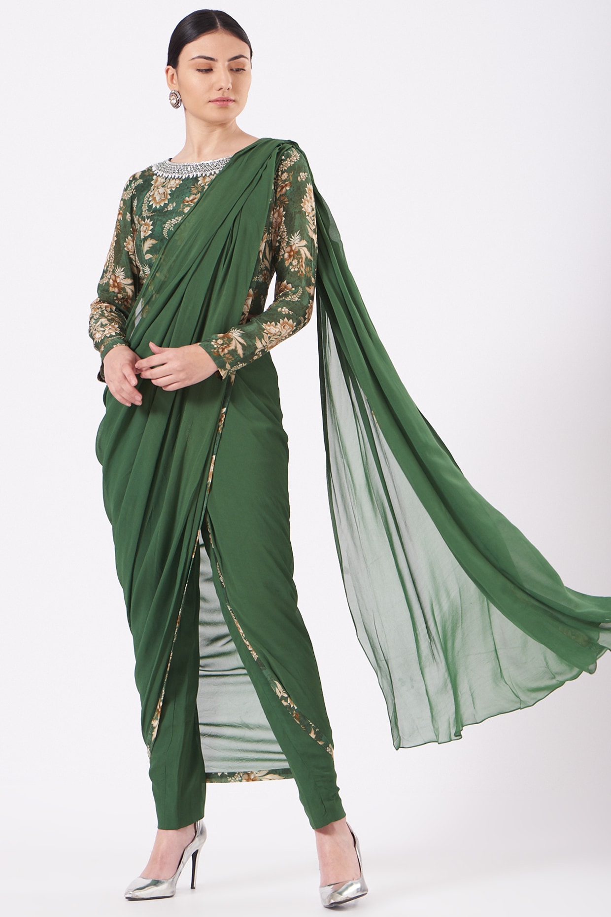 LIME GREEN WOMEN DHOTI SAREE WITH JACKET