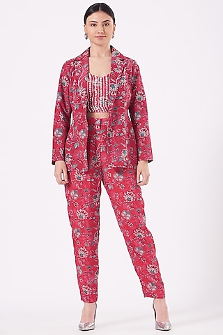 Red Printed Jacket Set by Chhavvi Aggarwal