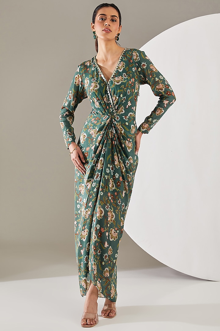 Green Crepe Floral Printed & Hand Embroidered Draped Maxi Dress by Chhavvi Aggarwal