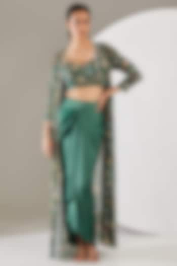 Green Crepe & Satin Floral Printed Cape Set by Chhavvi Aggarwal at Pernia's Pop Up Shop