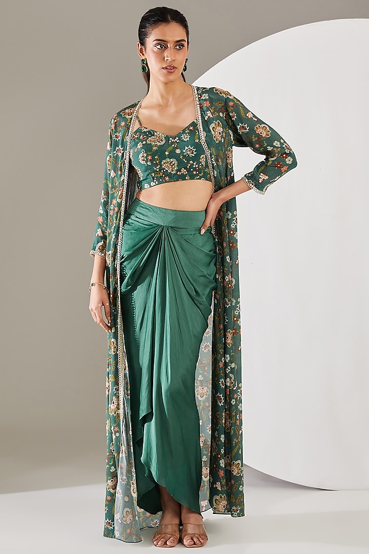 Green Crepe & Satin Floral Printed Cape Set by Chhavvi Aggarwal at Pernia's Pop Up Shop