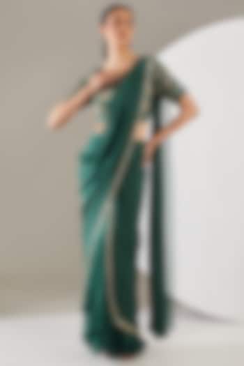 Green Georgette & Crepe Hand Embroidered Pre-Draped Party Wear Saree Set by Chhavvi Aggarwal at Pernia's Pop Up Shop