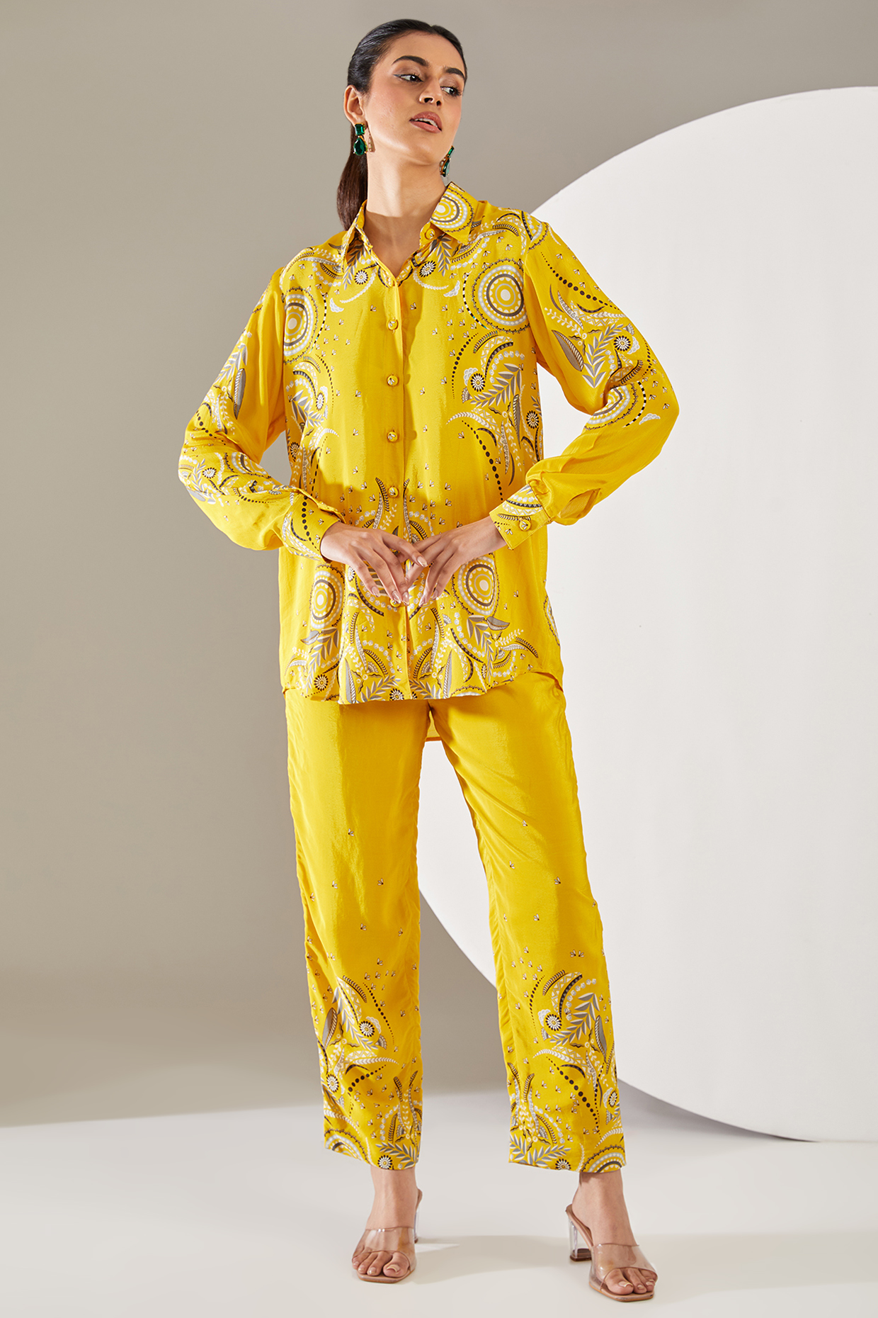 Yellow Crepe Abstract Printed Co-Ord Set by Chhavvi Aggarwal at Pernia's Pop Up Shop