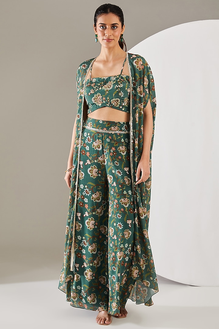Green Crepe Floral Printed Cape Set by Chhavvi Aggarwal