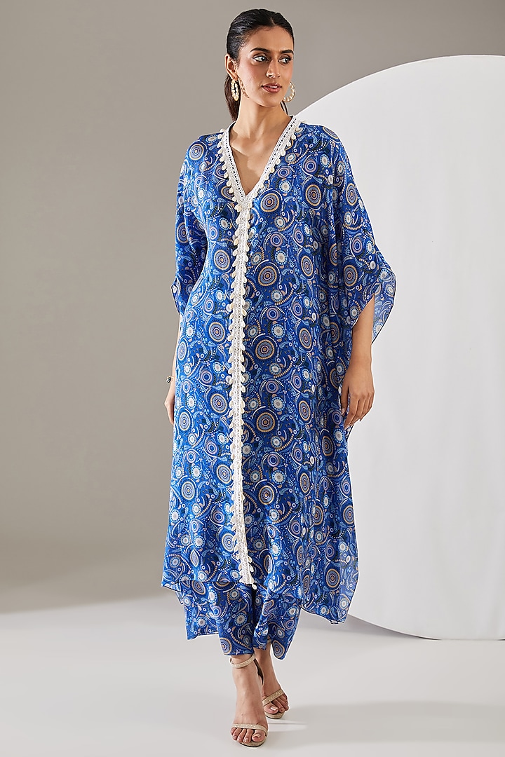 Blue Crepe Abstract Printed & Shell Embroidered Kaftan Set by Chhavvi Aggarwal