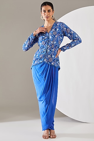 Blue Crepe Abstract Printed Jacket Set by Chhavvi Aggarwal