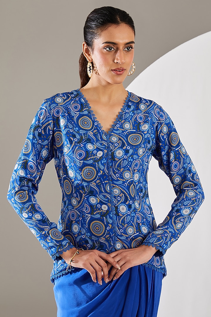 Blue Crepe Abstract Printed Jacket Set by Chhavvi Aggarwal at Pernia's Pop Up Shop