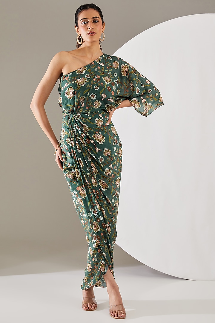 Green Crepe Floral Printed One-Shoulder Draped Maxi Dress by Chhavvi Aggarwal