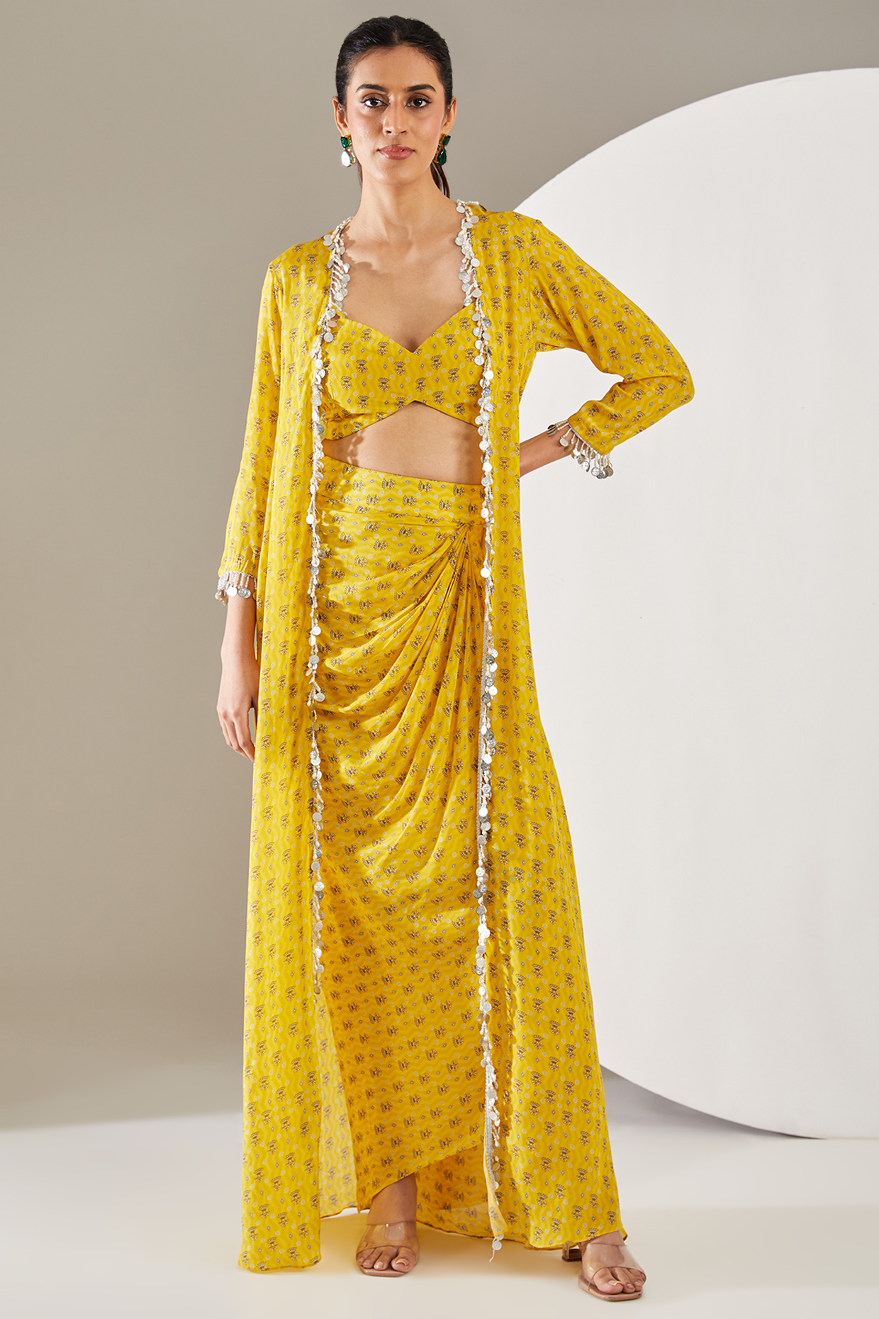 Yellow Crepe Boota Printed & Coin Embroidered Cape Set by Chhavvi Aggarwal at Pernia's Pop Up Shop