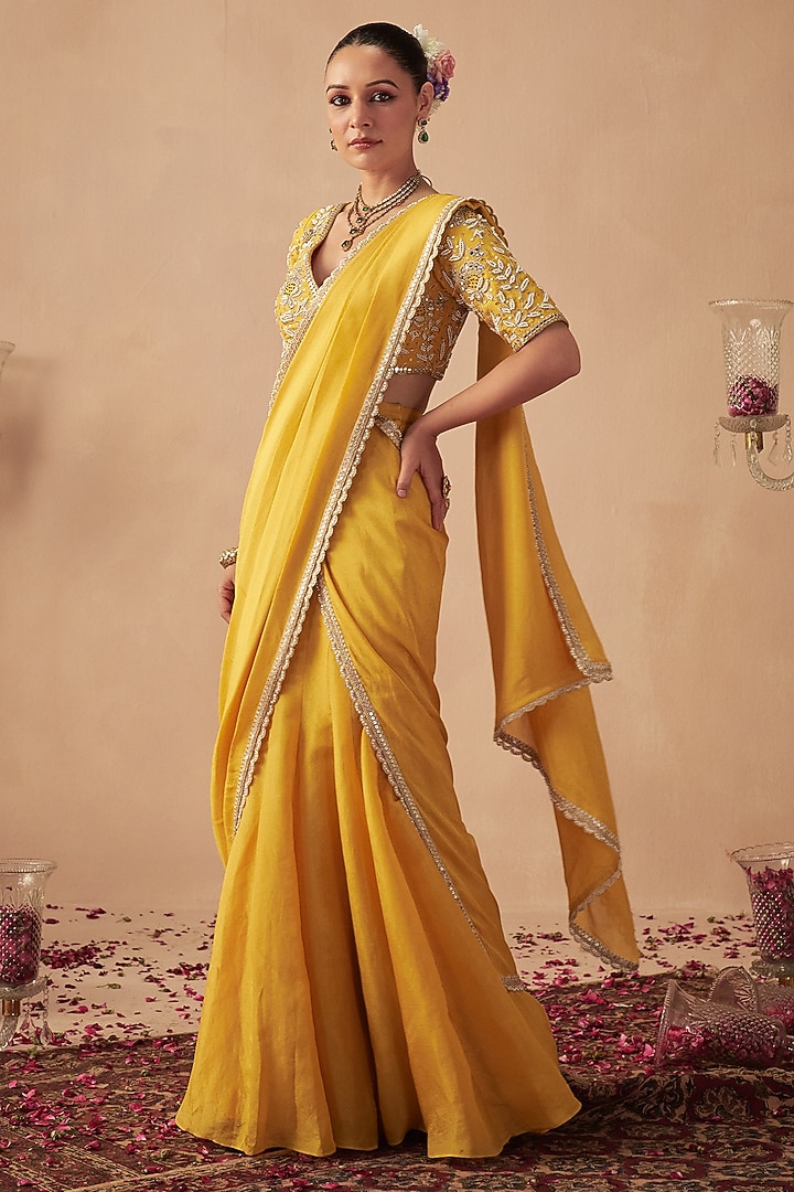 Yellow Tissue Wedding Lehenga Saree Set by Chhavvi Aggarwal at Pernia's Pop Up Shop