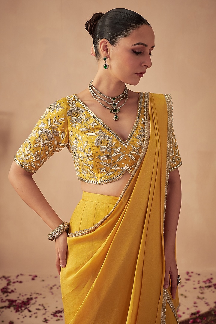 Yellow Tissue Wedding Lehenga Saree Set by Chhavvi Aggarwal at Pernia's Pop Up Shop