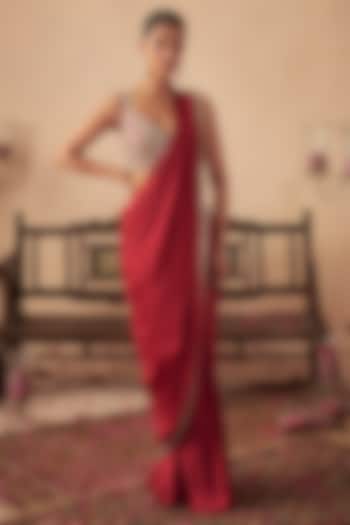 Red Satin Mirror Embroidered Wedding Saree Set by Chhavvi Aggarwal at Pernia's Pop Up Shop