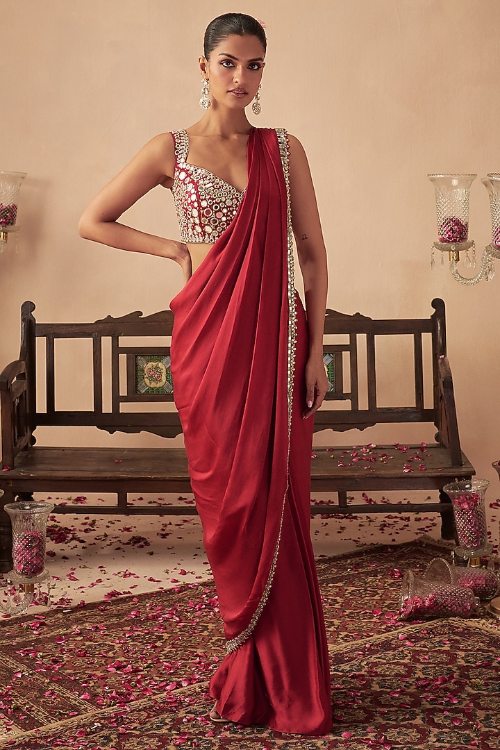 Red Satin Mirror Embroidered Wedding Saree Set by Chhavvi Aggarwal at Pernia's Pop Up Shop