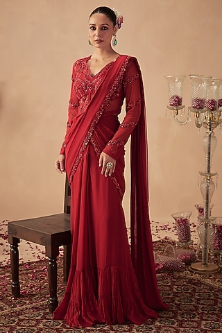 Red Georgette Hand Embroidered Pre-Draped Saree Set by Chhavvi Aggarwal