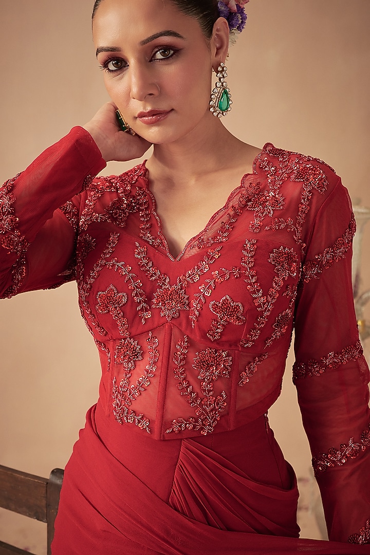Red Georgette Hand Embroidered Pre-Draped Wedding Saree Set by Chhavvi Aggarwal at Pernia's Pop Up Shop