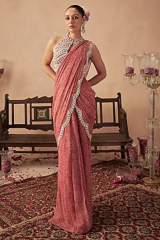 Coral Georgette Printed & Embroidered Saree Set by Chhavvi Aggarwal