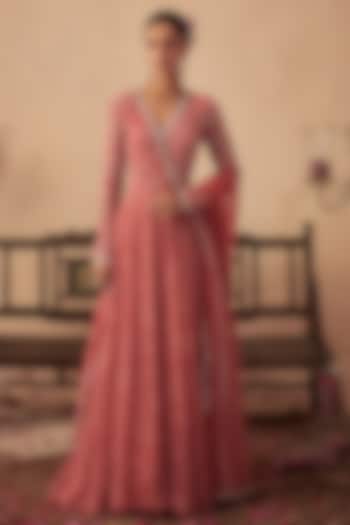 Coral Georgette Hand Embroidered Wedding Anarkali Set by Chhavvi Aggarwal at Pernia's Pop Up Shop