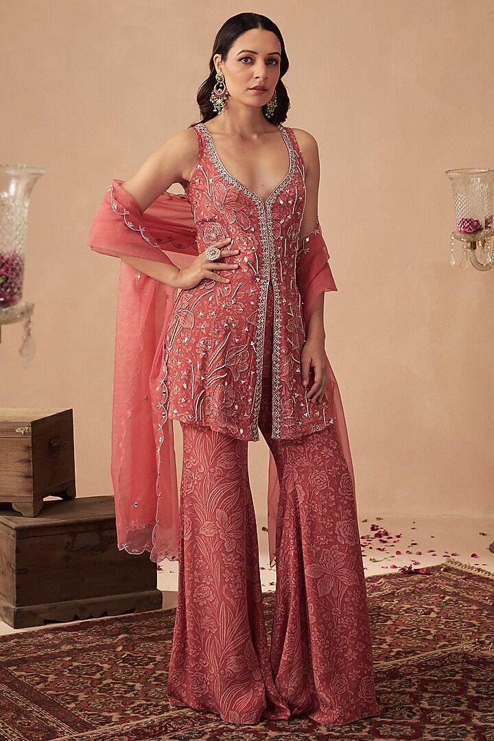 Coral Crepe Hand Embroidered Tunic Set by Chhavvi Aggarwal at Pernia's Pop Up Shop