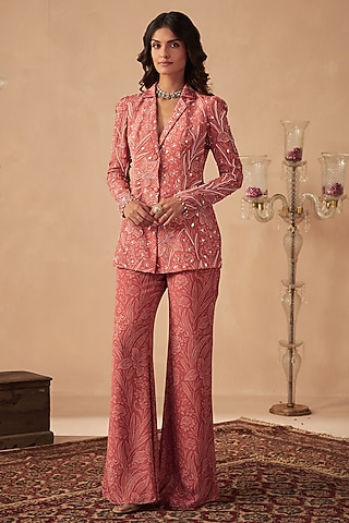 Coral Crepe Hand Embroidered Jacket Set by Chhavvi Aggarwal