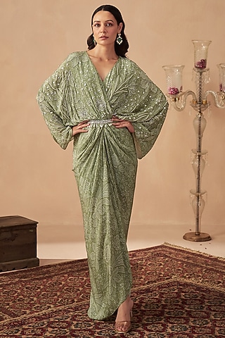 Sage Green Crepe Embroidered & Printed Draped Dress by Chhavvi Aggarwal