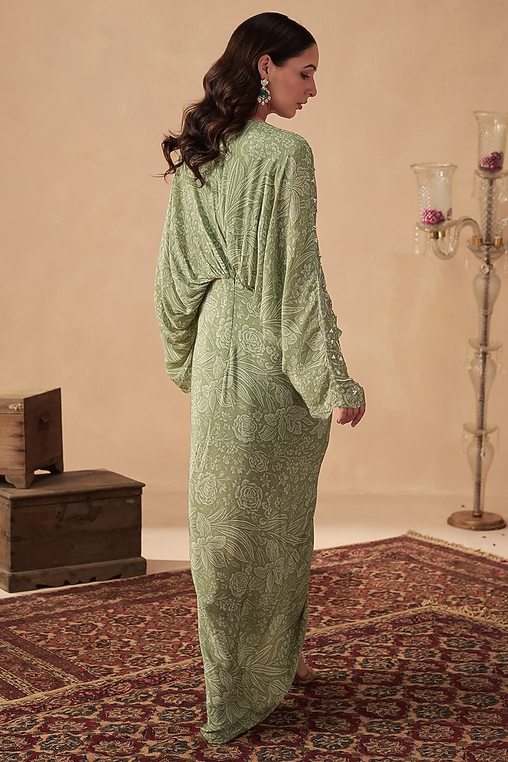 Sage Green Crepe Embroidered & Printed Draped Vacation Dress by Chhavvi Aggarwal at Pernia's Pop Up Shop