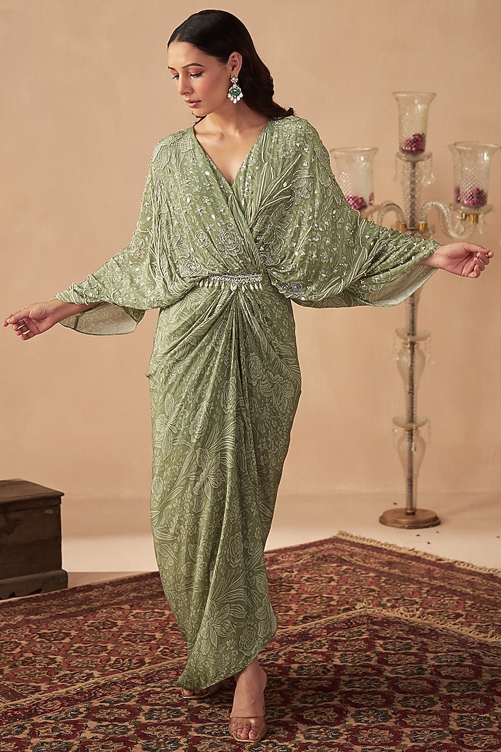 Sage Green Crepe Embroidered & Printed Draped Vacation Dress by Chhavvi Aggarwal at Pernia's Pop Up Shop