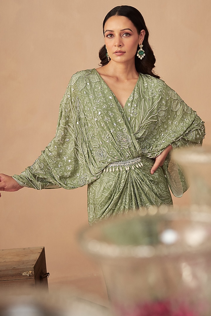 Sage Green Crepe Embroidered & Printed Draped Vacation Dress by Chhavvi Aggarwal at Pernia's Pop Up Shop